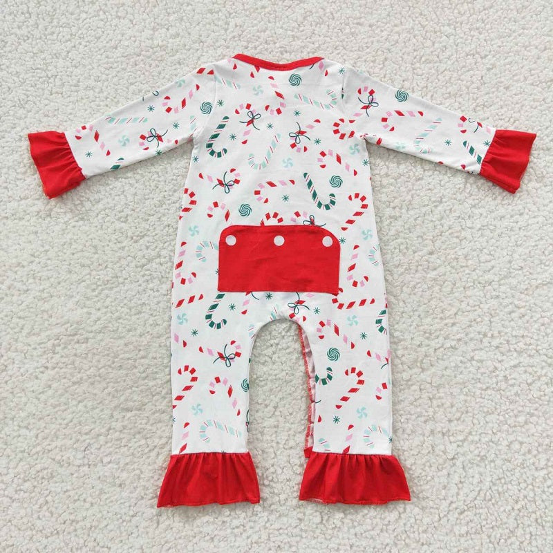 LR0501 Candy Cane Red Lace Zip Long Sleeve Bodysuit