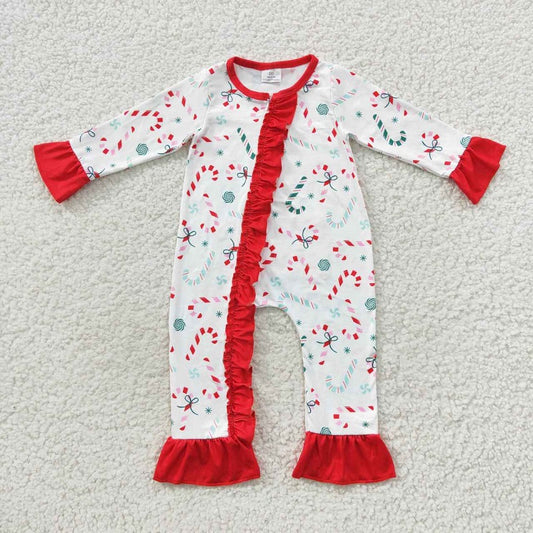 LR0501 Candy Cane Red Lace Zip Long Sleeve Bodysuit