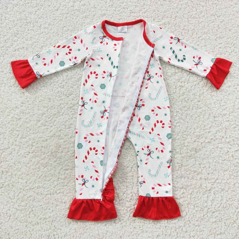 LR0501 Candy Cane Red Lace Zip Long Sleeve Bodysuit