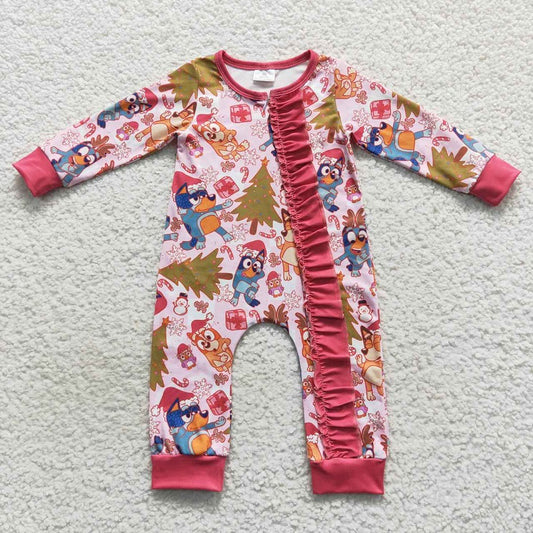LR0512 Girls Christmas Cartoon Dog Red Long Sleeve Bodysuit Romper