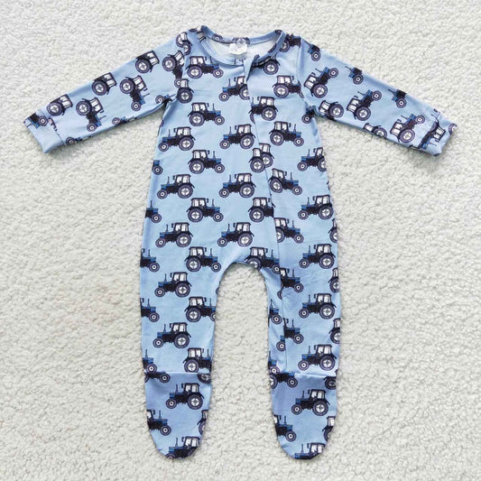 LR0537 Blue Truck Zip Long Sleeve Bodysuit
