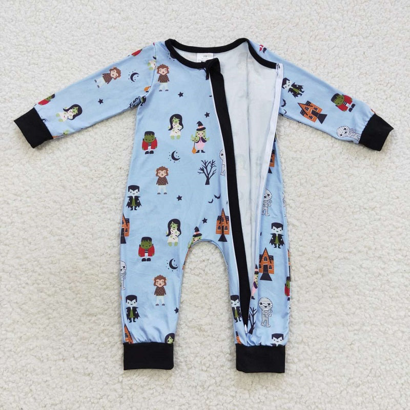 LR0555 Cartoon Witch Vampire Star Moon Blue Black Zipper Long Sleeve Jumpsuit
