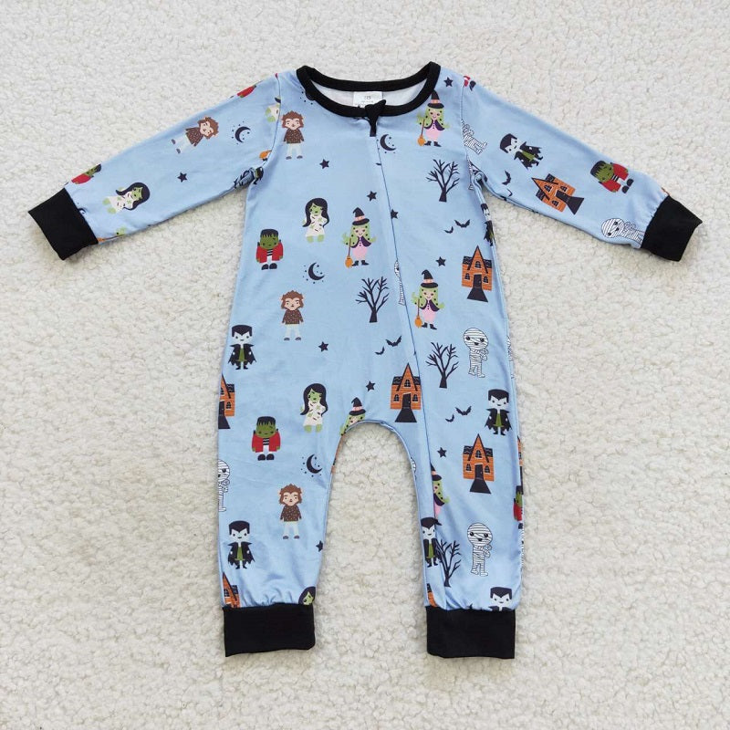 LR0555 Cartoon Witch Vampire Star Moon Blue Black Zipper Long Sleeve Jumpsuit