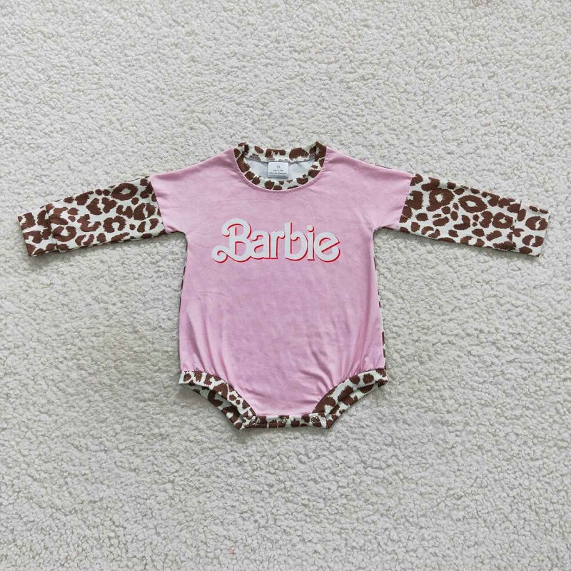 LR0575 Alphabet Leopard Pink Long Sleeve Jumpsuit