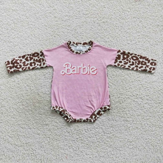 LR0575 Alphabet Leopard Pink Long Sleeve Jumpsuit