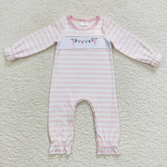 LR0582 Embroidered lantern pink and white striped long-sleeved jumpsuit