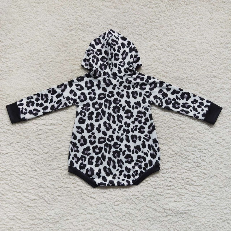 LR0594 Pocket black leopard print hooded long sleeve jumpsuit