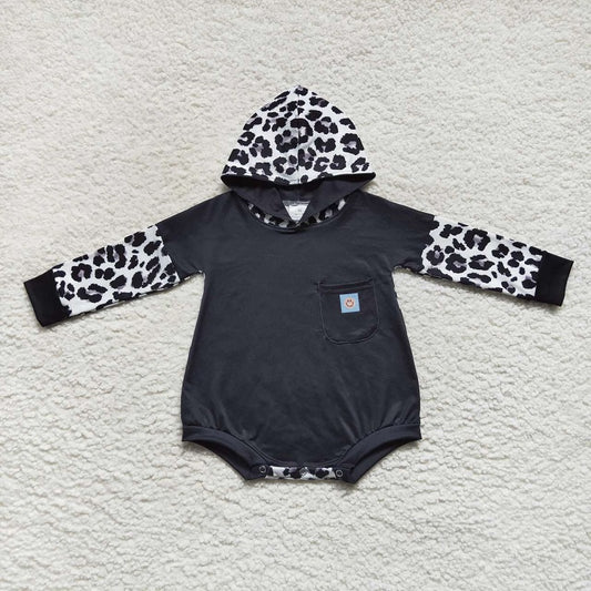 LR0594 Pocket black leopard print hooded long sleeve jumpsuit