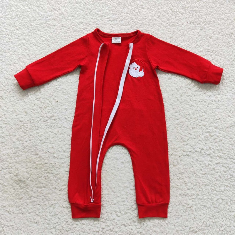 LR0598 Embroidered Santa Claus Red Zip Long Sleeve Jumpsuit