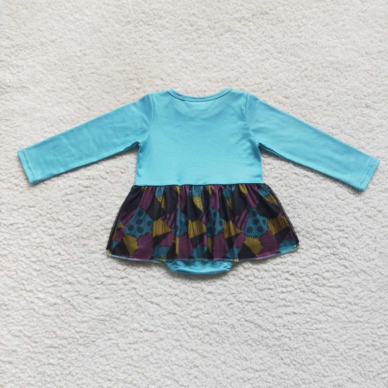 LR0603 Cartoon smiling face blue spliced black gauze long-sleeved jumpsuit