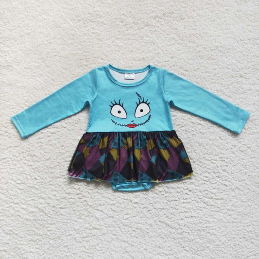 LR0603 Cartoon smiling face blue spliced black gauze long-sleeved jumpsuit