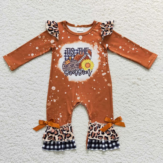 LR0611 Leopard Pumpkin Rugby Plaid Brown Long Sleeve Bodysuit