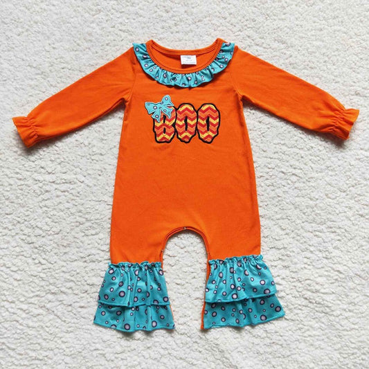 LR0619 Embroidered boo letter bow lace orange long-sleeved jumpsuit