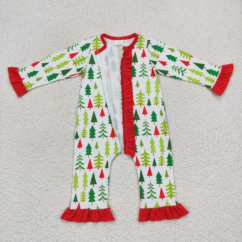 LR0626 Christmas tree lace red and white zipper long sleeve onesie bodysuit