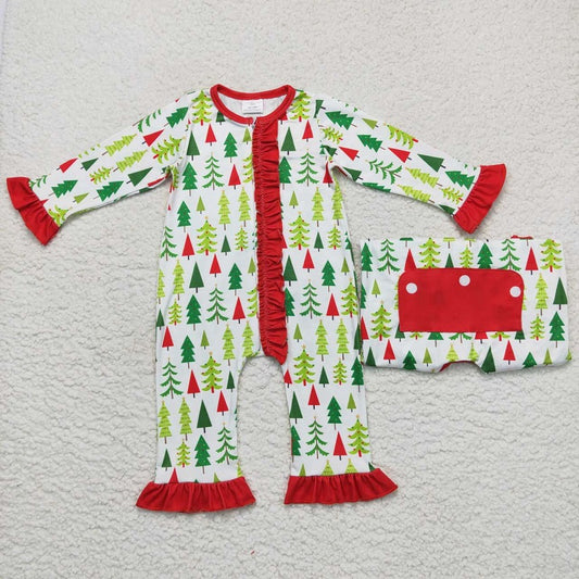 LR0626 Christmas tree lace red and white zipper long sleeve onesie bodysuit