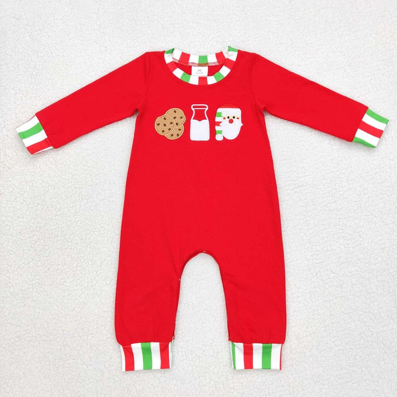 LR0629 Embroidered Cookies and Milk Santa Red, Green and White Striped Long Sleeve Jumpsuit