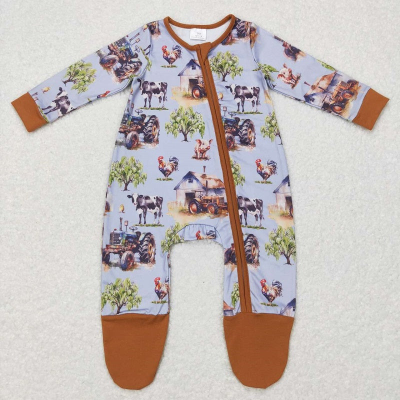 LR0632 Farm tractor cow animal blue brown zipper long sleeve jumpsuit