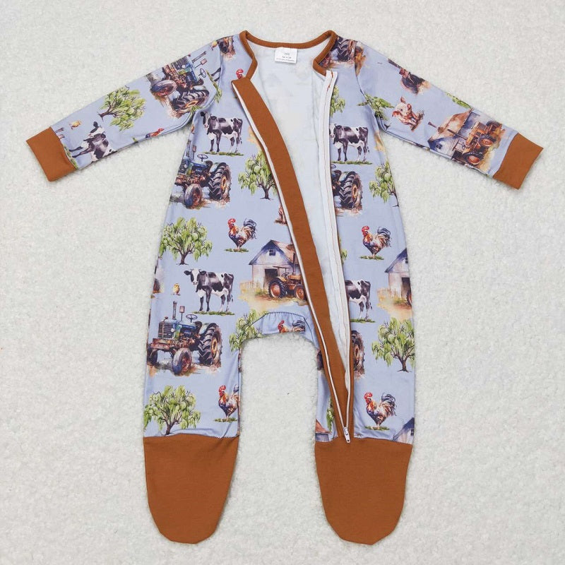 LR0632 Farm tractor cow animal blue brown zipper long sleeve jumpsuit