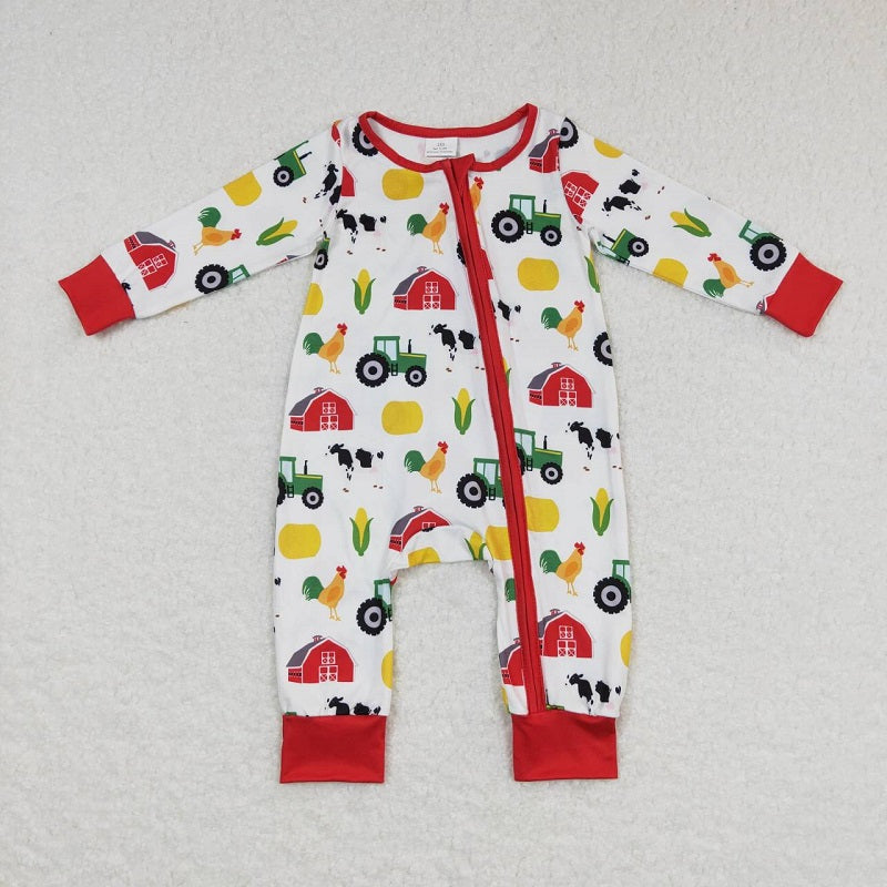 LR0672 Farm Animals Red House Tractor Corn Red and White Zipper Long Sleeve Jumpsuit