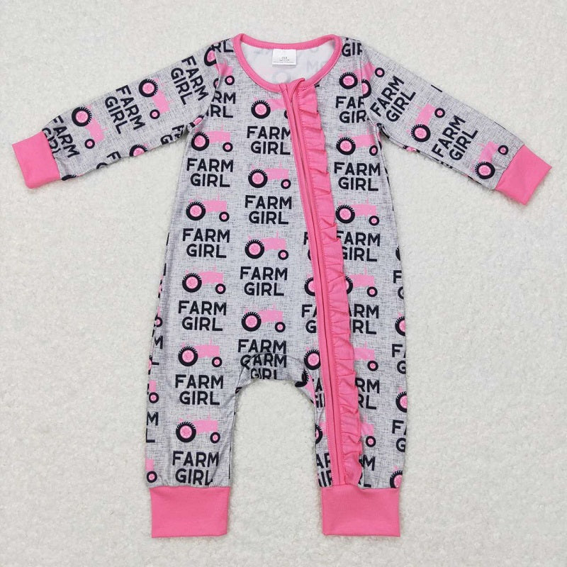LR0687  Tractor gray pink lace zipper long sleeve jumpsuit