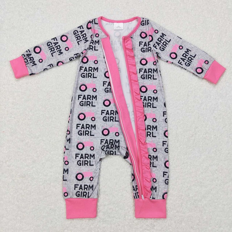 LR0687  Tractor gray pink lace zipper long sleeve jumpsuit