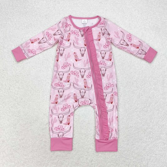 LR0689 Bamboo Alpine Bull Head Cowboy Hat Boots Pink Lace Zipper Long Sleeve Bodysuit