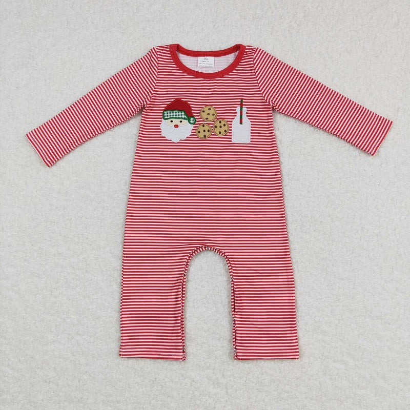 LR0707 Embroidered Santa Cookie Milk Red Stripe Long Sleeve Jumpsuit