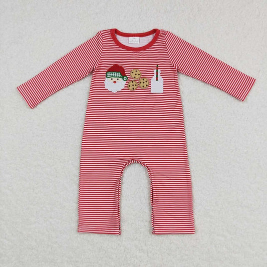 LR0707 Embroidered Santa Cookie Milk Red Stripe Long Sleeve Jumpsuit