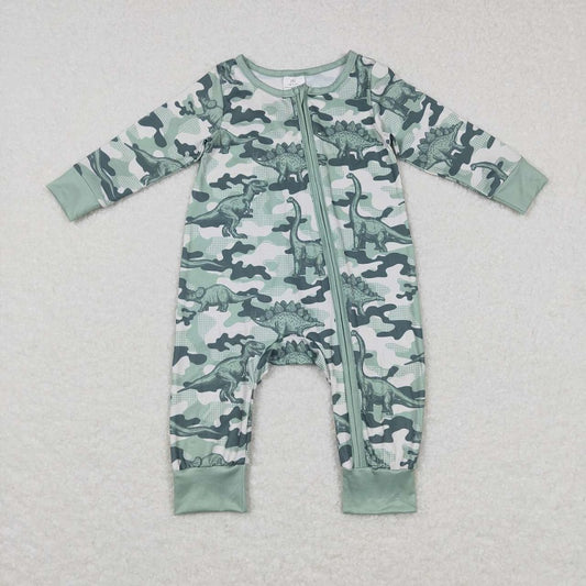 LR0718 Dinosaur dark green zippered long-sleeved jumpsuit