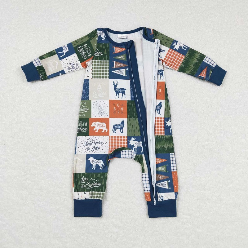 LR0719 Elk Wolf Colorful Plaid Zip Long Sleeve Jumpsuit