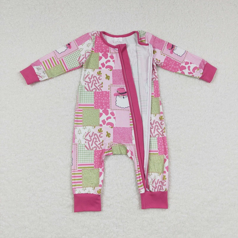 LR0722 Santa pink and green plaid zipper long-sleeved jumpsuit