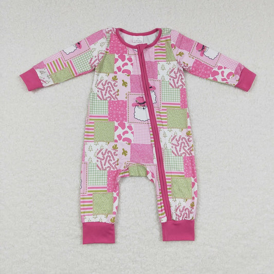 LR0722 Santa pink and green plaid zipper long-sleeved jumpsuit