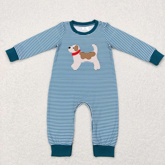 LR0727  Embroidered plaid puppy blue and white striped long-sleeved jumpsuit