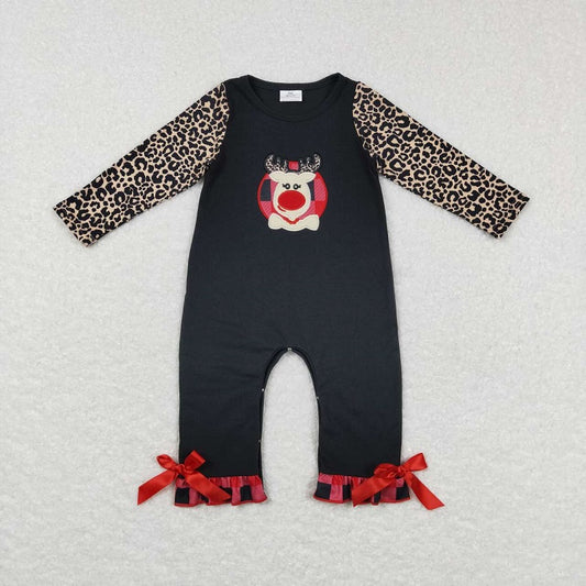 LR0730 Embroidered fawn red and black plaid leopard print long-sleeved jumpsuit