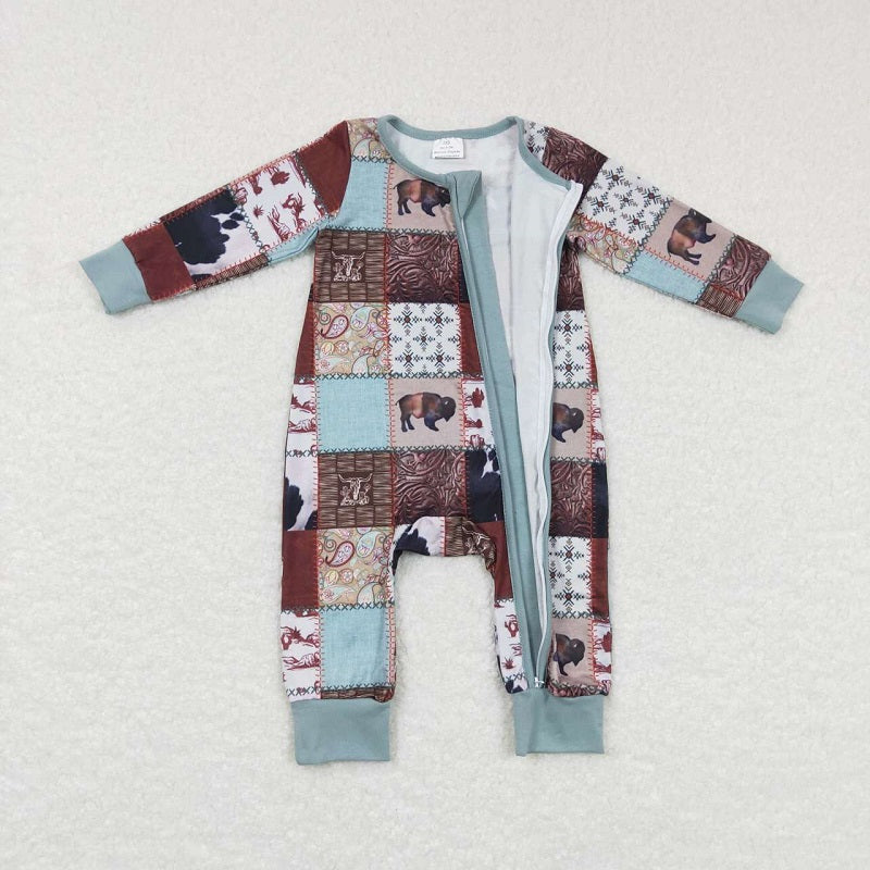 LR0734 Cow head geometric pattern blue and brown plaid zipper long-sleeved jumpsuit