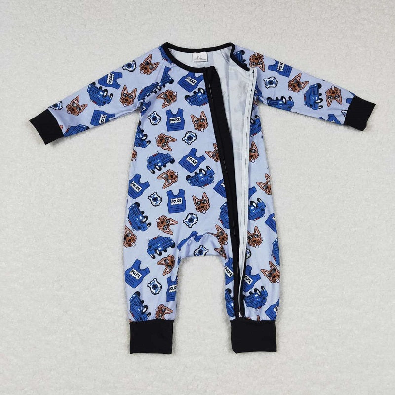 LR0736 Police Dog Blue and Black Zip Long Sleeve Jumpsuit