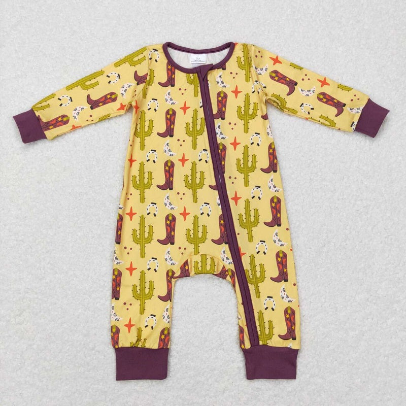 LR0766 Boots Cactus Star Moon Yellow Zip Long Sleeve Jumpsuit