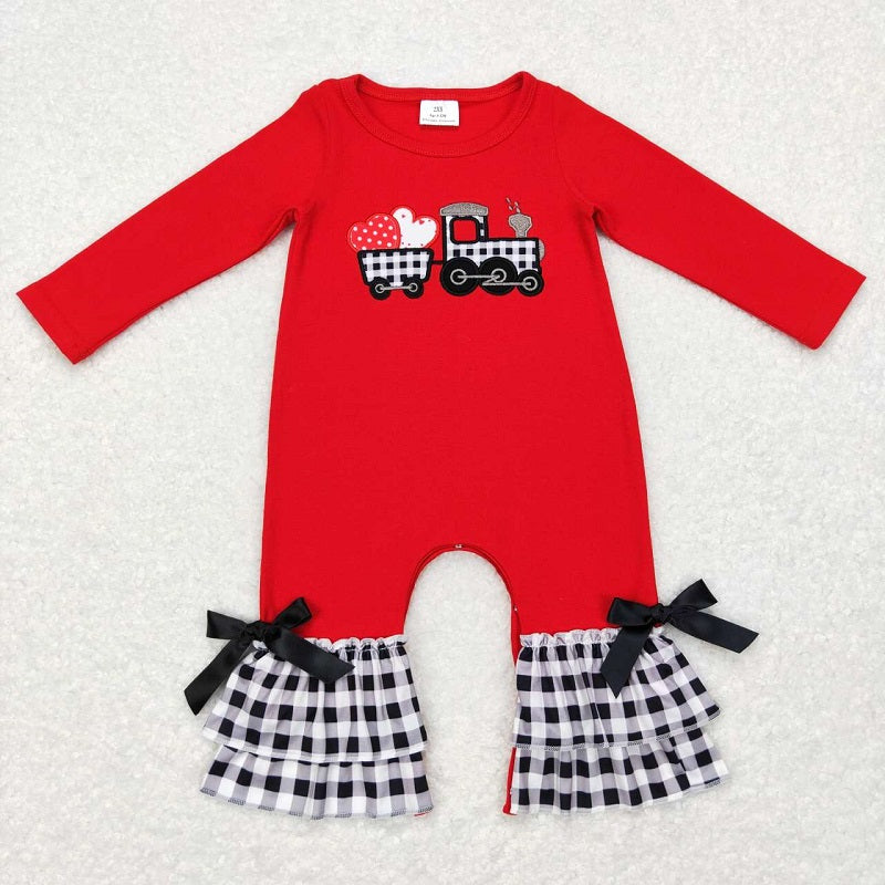 LR0780 Embroidered love tractor black and white plaid lace red long-sleeved jumpsuit