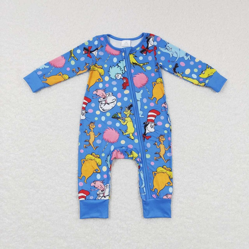 LR0784 Cartoon colorful polka dot blue zipper long sleeve jumpsuit