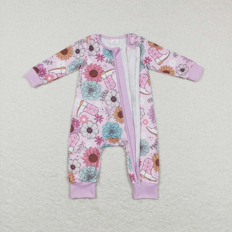 LR0801 Baby Girls Boots Floral Pink Zip Long Sleeve Jumpsuit D 4.7