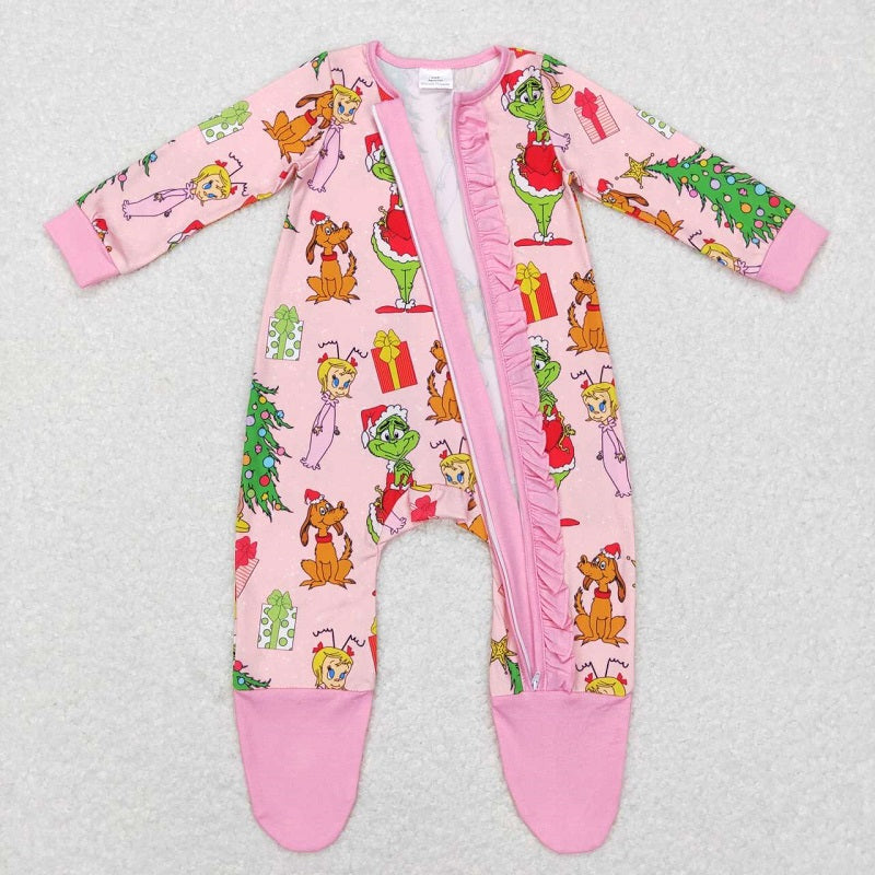 LR0806 Girls Puppy Christmas Tree Pink Lace Zipper Long Sleeve Bodysuit