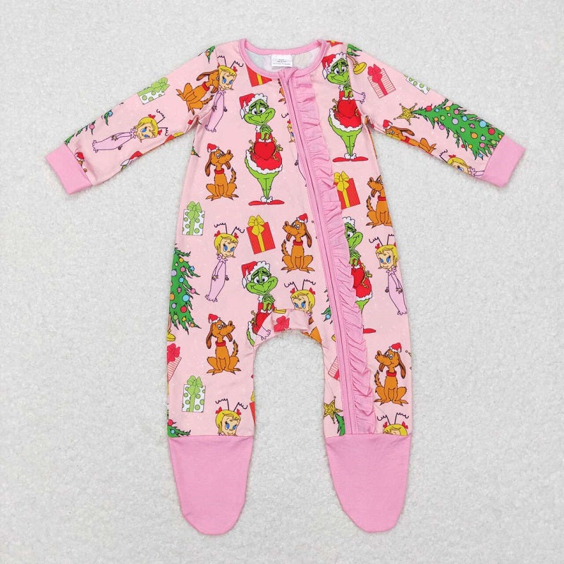 LR0806 Girls Puppy Christmas Tree Pink Lace Zipper Long Sleeve Bodysuit