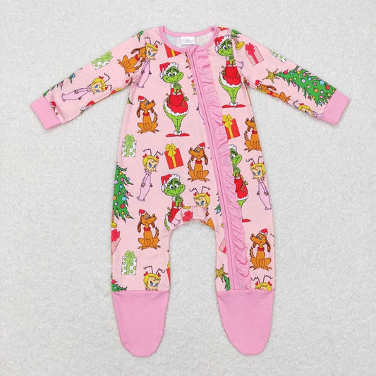 LR0806 Girls Puppy Christmas Tree Pink Lace Zipper Long Sleeve Bodysuit