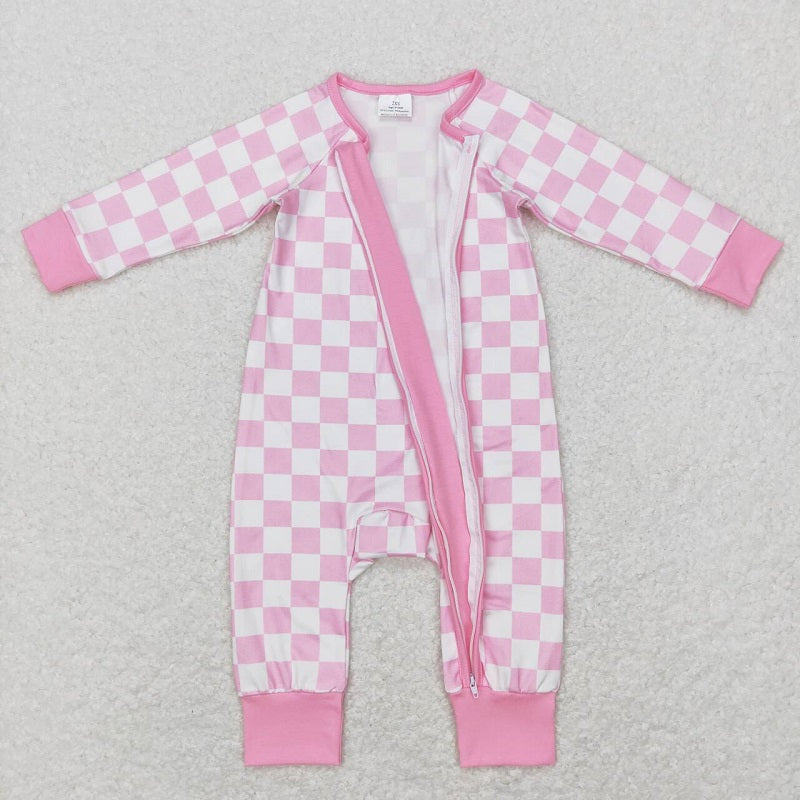 LR0810 Pink and white plaid zipper long-sleeved jumpsuit