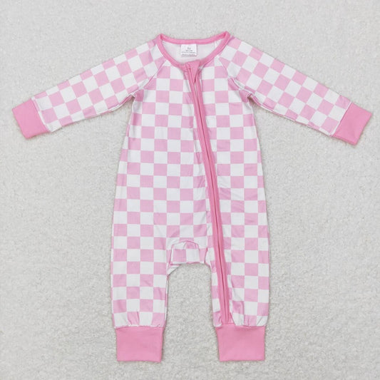 LR0810 Pink and white plaid zipper long-sleeved jumpsuit