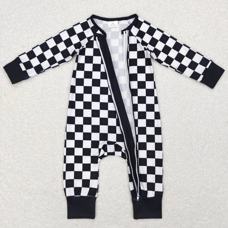 LR0812 Black and white plaid zipper long sleeve jumpsuit