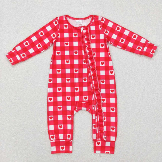 LR0832 Love red and white plaid lace zipper long-sleeved jumpsuit