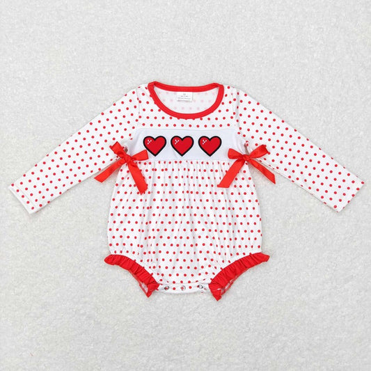 LR0835 Embroidered heart red polka dot bow white long-sleeved jumpsuit