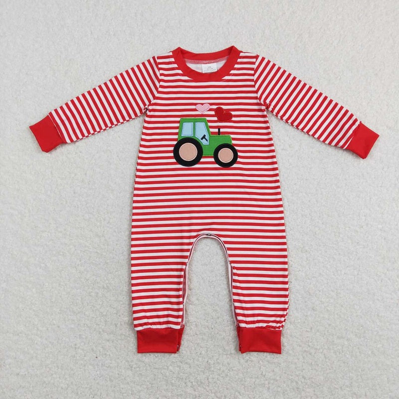 LR0846 Embroidery love tractor red and white stripe long -sleeved romper