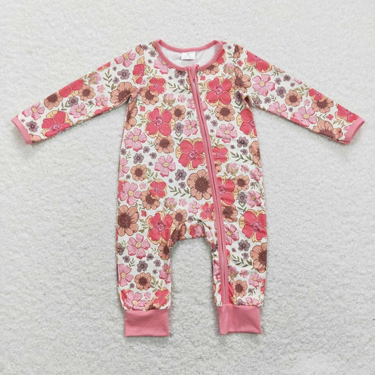 LR0895 Flower pink zipper long -sleeved clothes romper